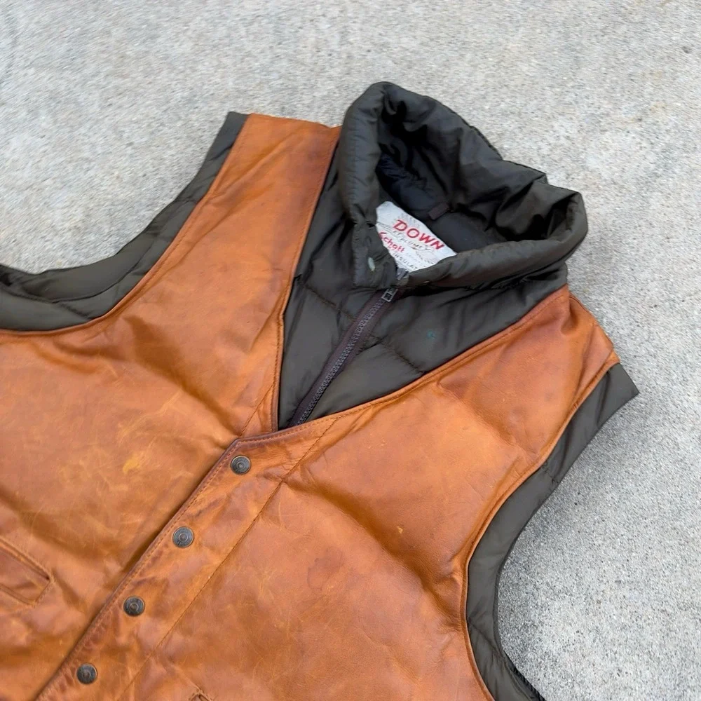 VTG Schott NYC Leather Down Plume Puffer Vest Men's Size 44 Western 70s 80s USA